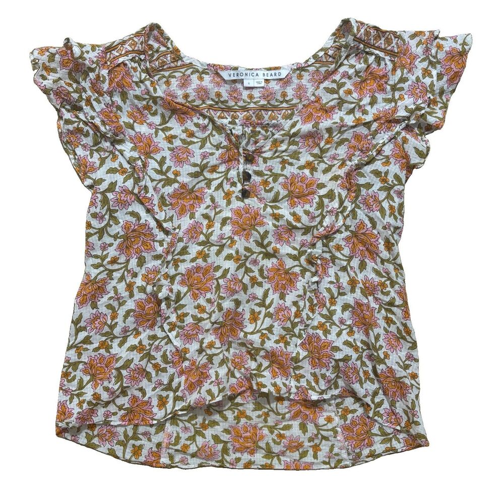 Veronica Beard Joi Blouse Sz 6 Pink Floral Flutter Sleeve Top Cottage Boho